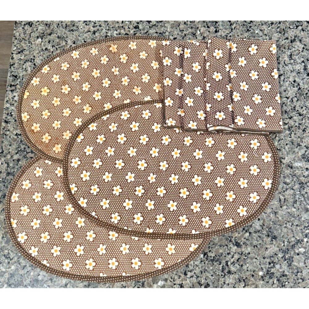 Set of 3 Vintage Woven Tapestry Oval Placemats & Napkins – Retro Brown Floral